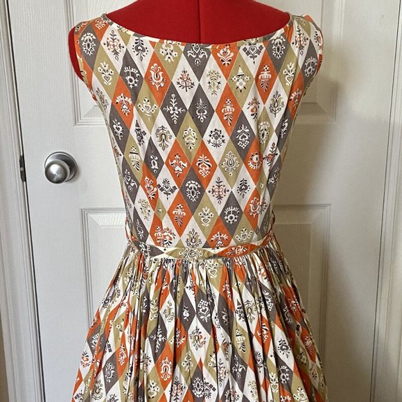 Vintage 1950s Handmade Harlequin Print cotton dress orange grey white - Picture 6 of 7